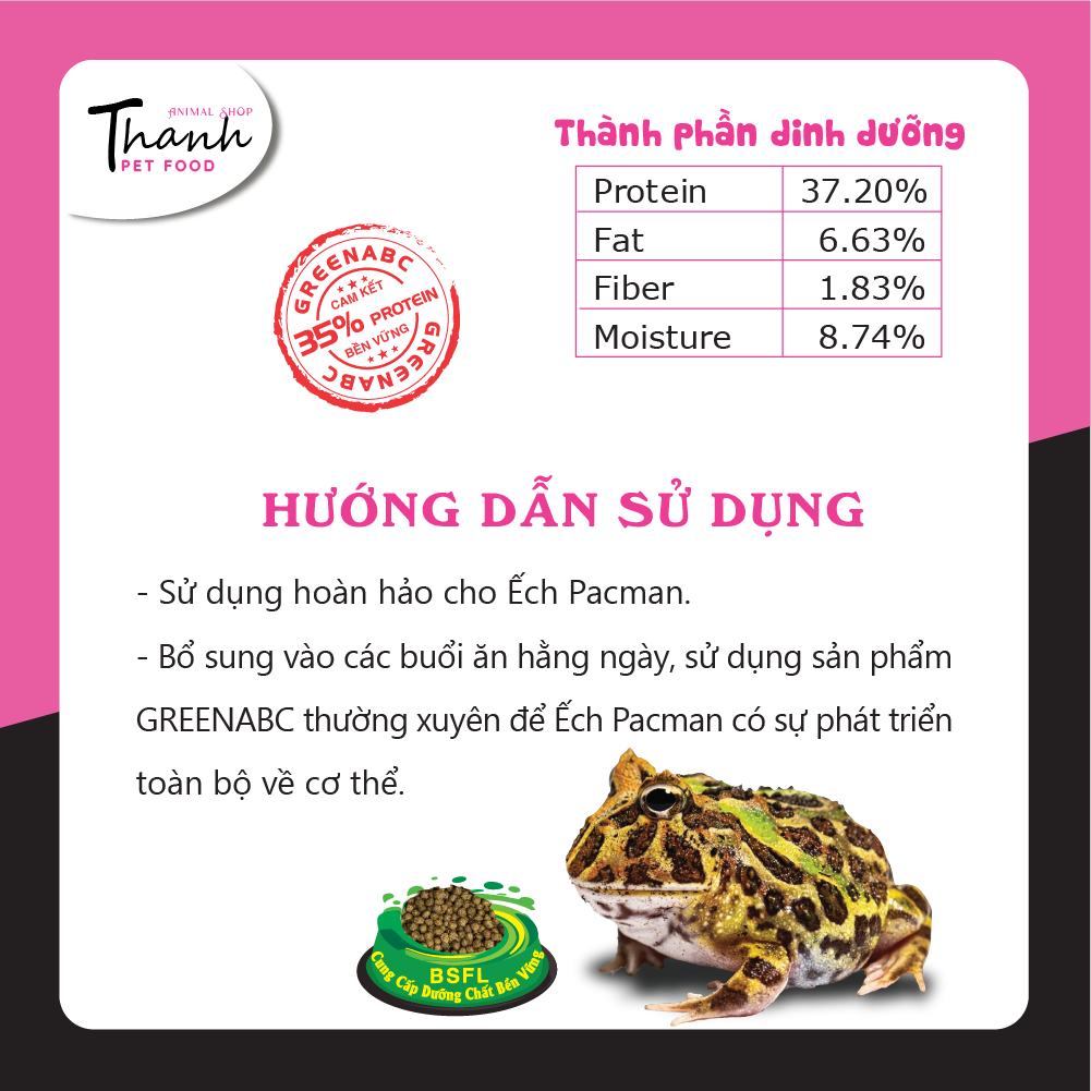 Thức ăn Ếch Pacman nhãn GREENABC – Pacman Frog – Độ đạm 37% giúp tiêu hóa tốt, tăng kích thước, lên màu đẹp, ăn ngon – Hộp 50g và 230g