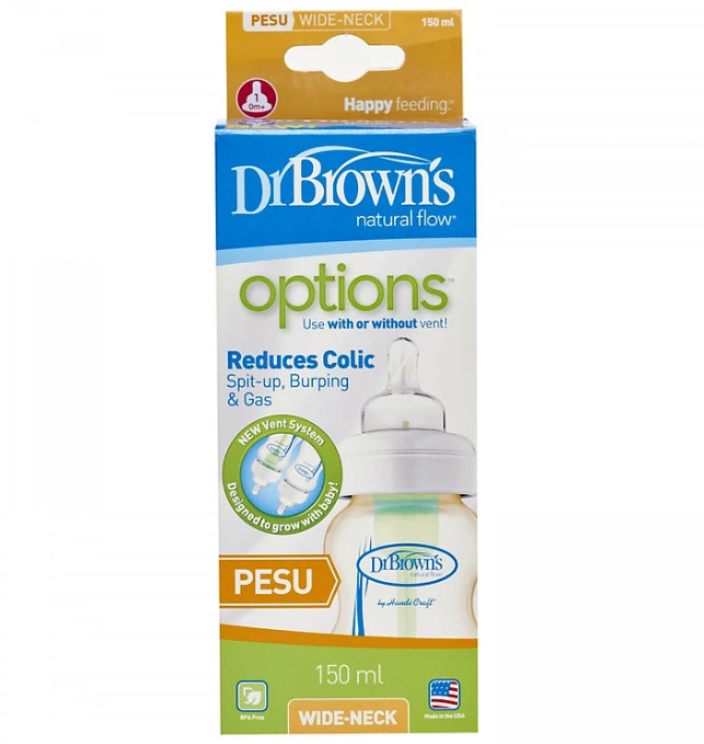 Bình sữa Dr.Brown's "Option" cổ rộng, 150ml, chất liệu nhựa PESU