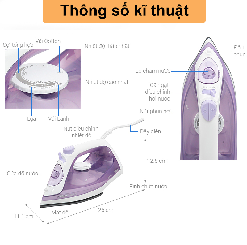 Bàn Ủi Hơi Nước Philips DST1040/30, 2000W Mặt Đế Ceramic, Hàng Chính Hãng