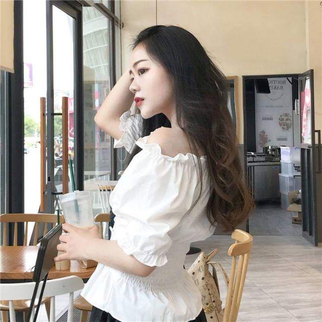 Áo sơmi lệch vai kèm thắt lưng ulzzang