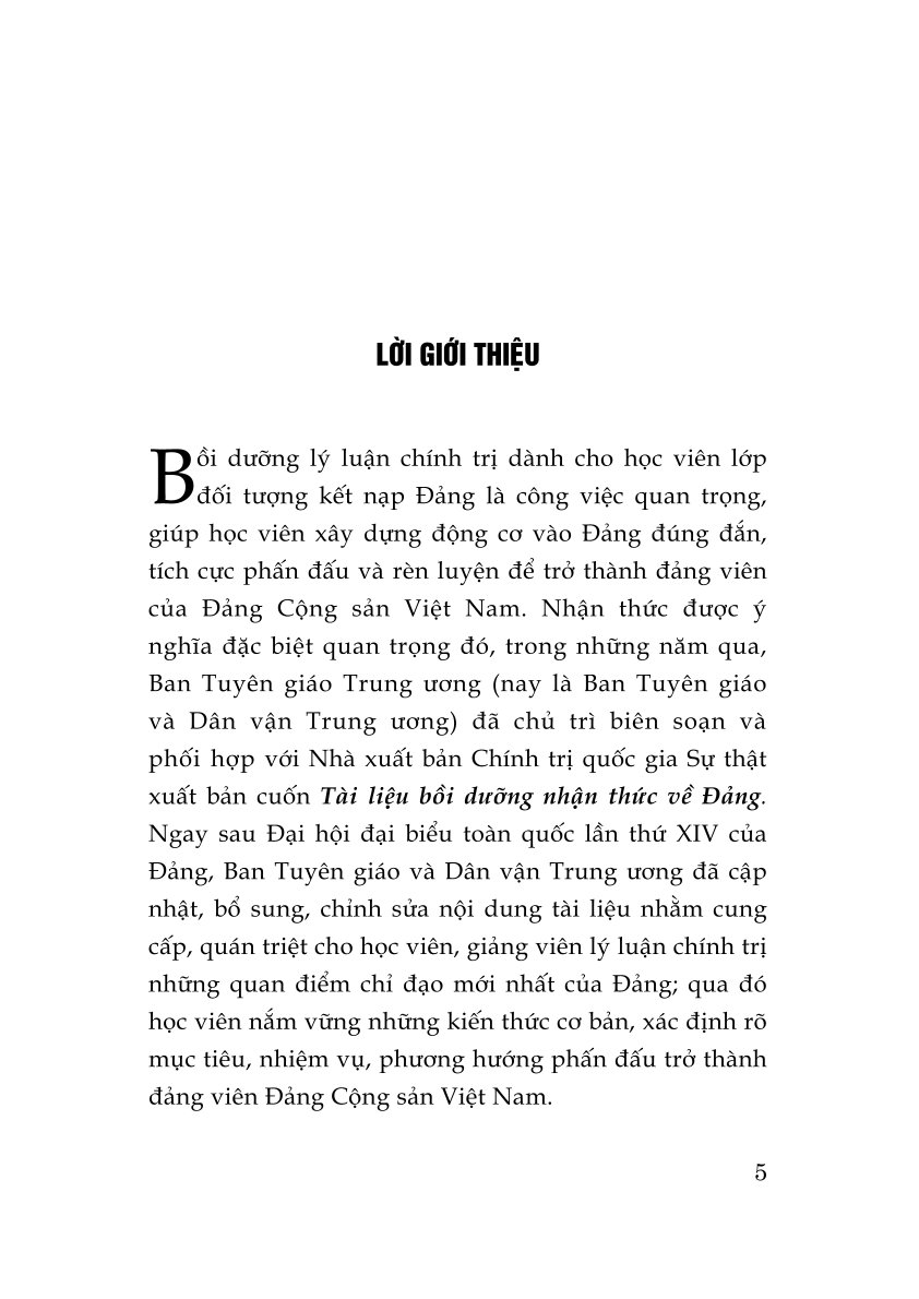 Tài liệu bồi dưỡng nhận thức về Đảng (Xuất bản lần thứ 24 có sửa chữa, bổ sung theo Văn kiện Đại hội lần thứ XIV của Đảng)