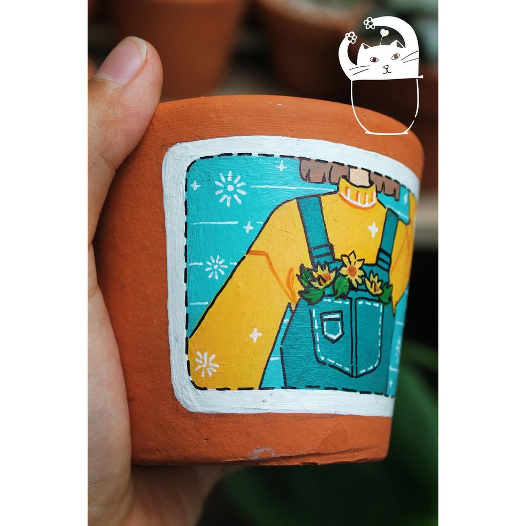 Chậu đất nung ly nhỏ vẽ CÔ GÁI ÁO VÀNG | Chậu trồng cây, sen đá, xương rồng