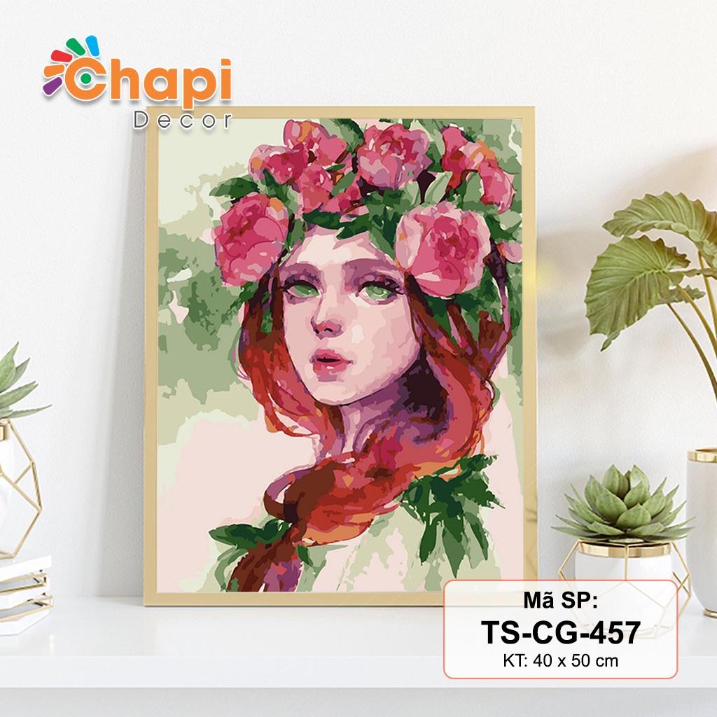 Tranh tô màu số hóa Cô Gái Tóc Hoa, Nàng Thơ KT 40x50cm đã căng khung, Có dầu bóng