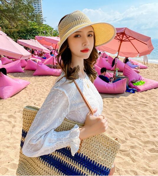Nón rộng vành thắt nơ thời trang, mũ chống nắng nửa đầu phong cách Hàn