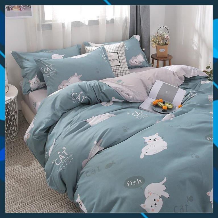 Bộ chăn ga gối Cotton Poly bedding Mèo lười, vỏ chăn mền, drap giường và 2 vỏ gối