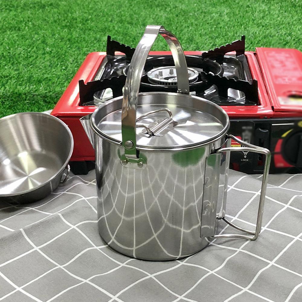 Outdoor Stainless Steel Kettle Folding Handle Camping Hung Pot Portable Coffee Pot Picnic Cooker 1.2L Teapot Cooking Accessory
