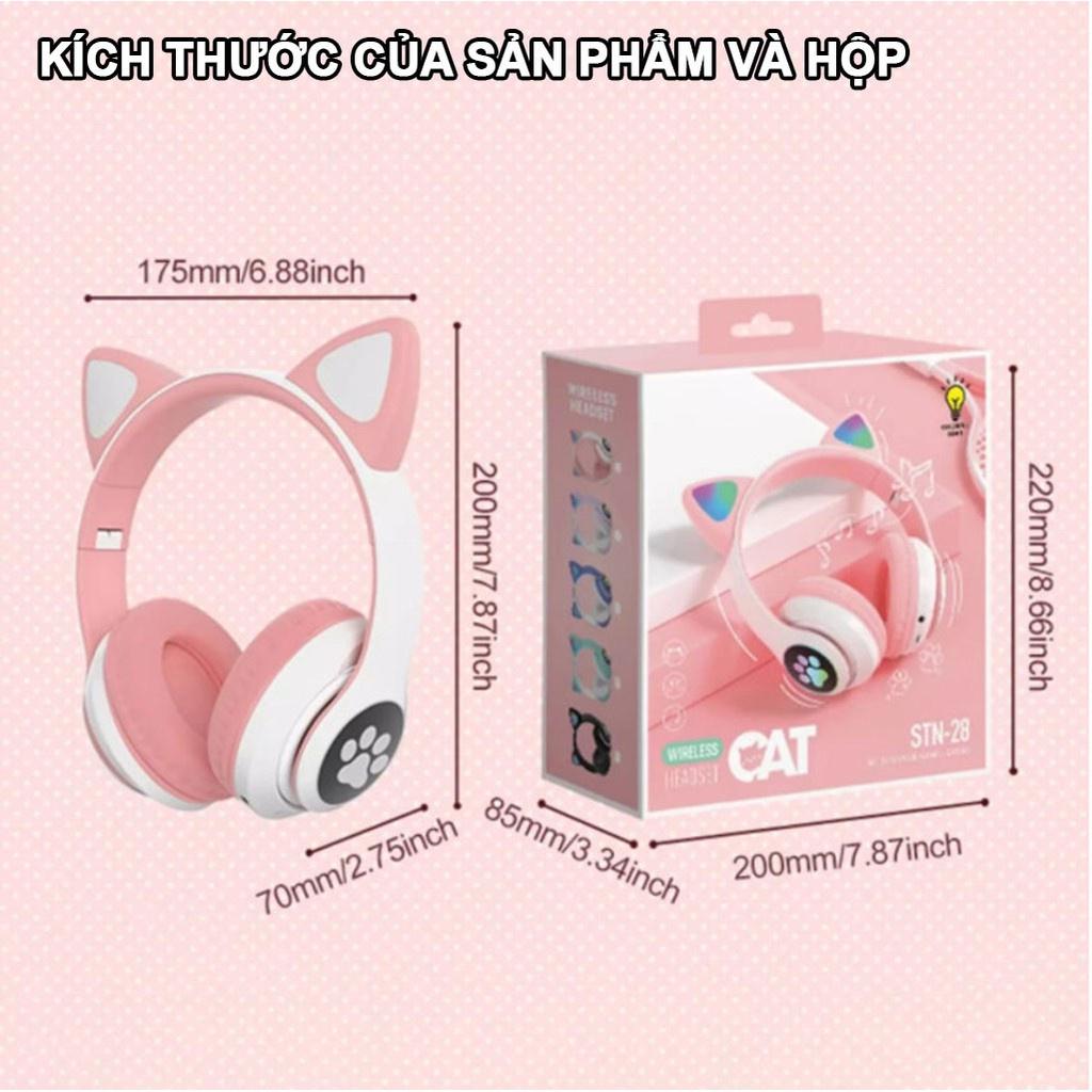 Tai nghe mèo bluetooth phát sáng STN28 - Tai nghe chụp tai mèo có mic kiểu dáng cute có khe cắm thẻ nhớ, Jack 3.5mm