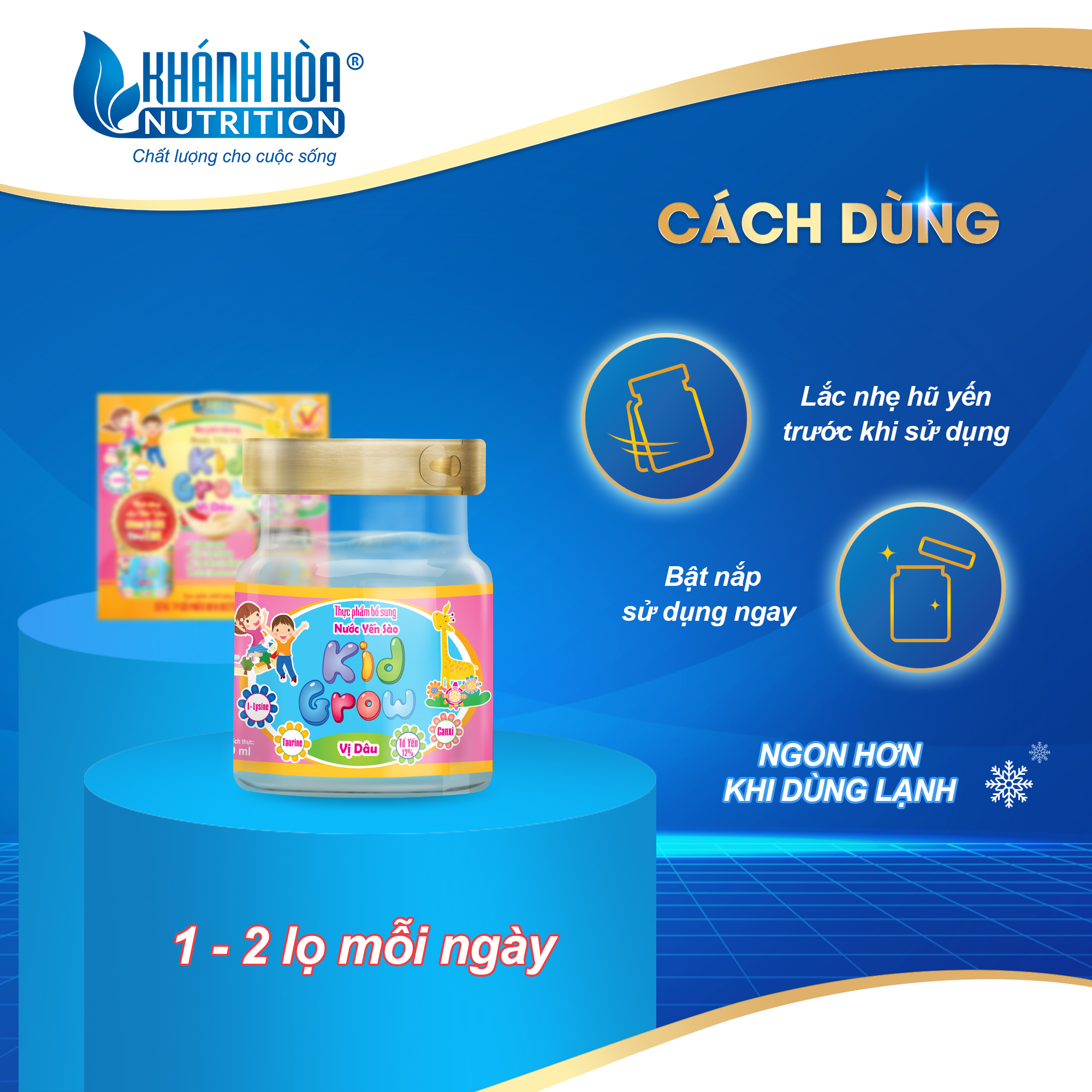 Nước Yến Sào Cho Bé KidGrow Vị Dâu 12% Tổ Yến - Khánh Hòa Nutrition  - Block 6 Lọ x 70 ML