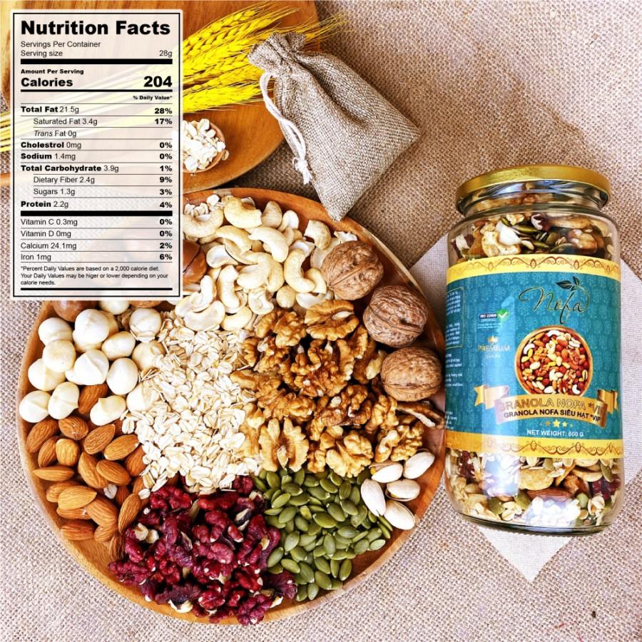 Granola siêu hạt NOFA 500g 90% hạt, nhiều Macca, Óc chó đỏ, Granola Ăn kiêng, Giảm cân