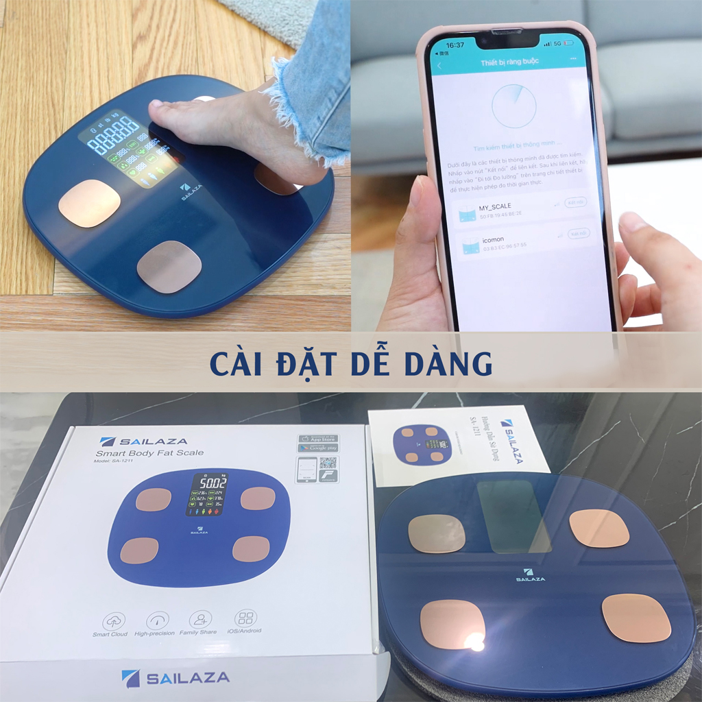 Cân Điện Tử Thông Minh Cao Cấp Kiểm Tra Toàn Diện 15 Chỉ Số Cơ Thể Màn Hình Màu LCD Cao Cấp Tích Hợp App Kết Nối Bluetooth Sailaza SA-1211 - Hàng Chính Hãng
