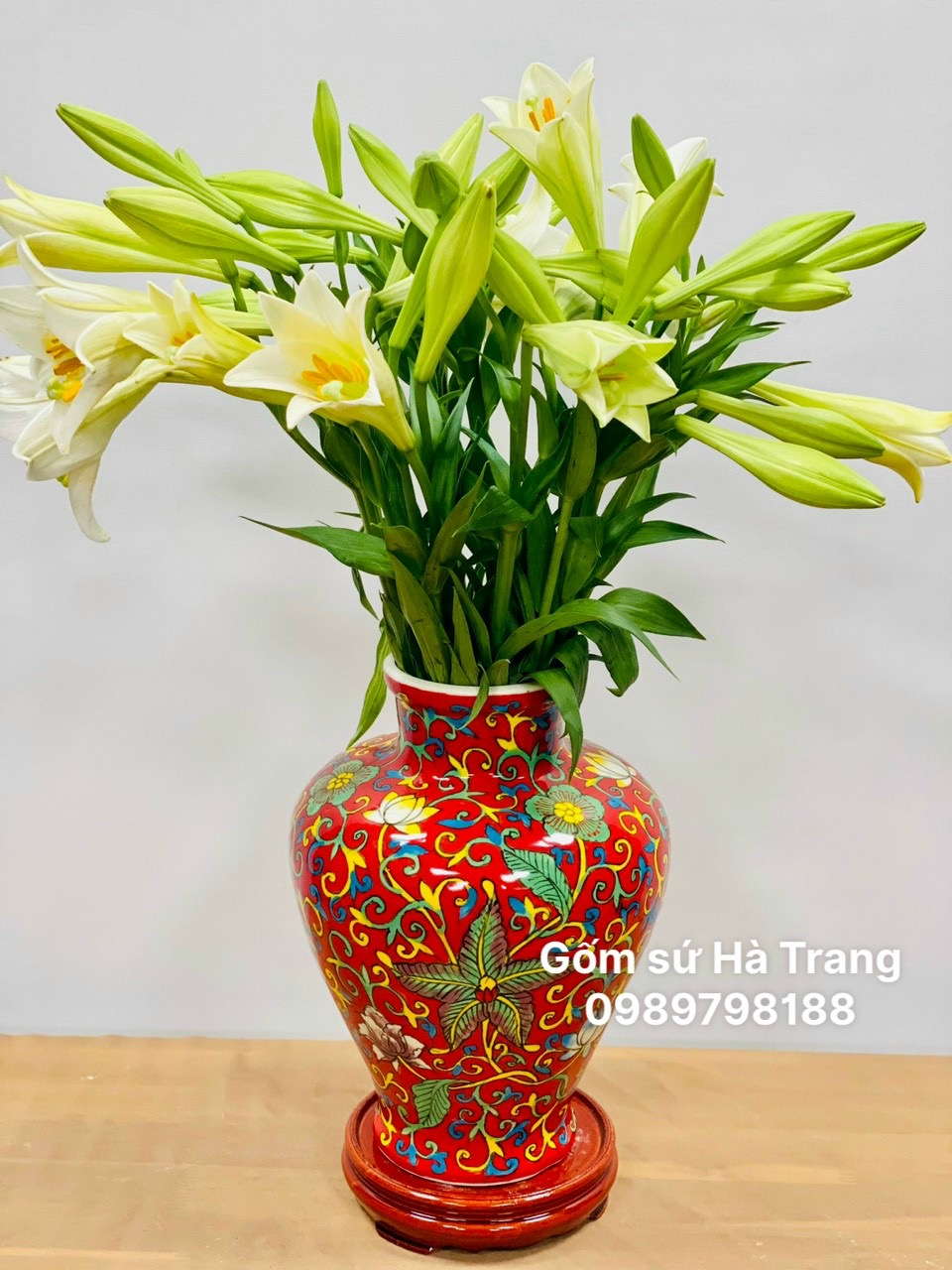 Lọ hoa gốm sứ Bát Tràng cao cấp vẽ tay xuất dư hoạ tiết cao 33cm