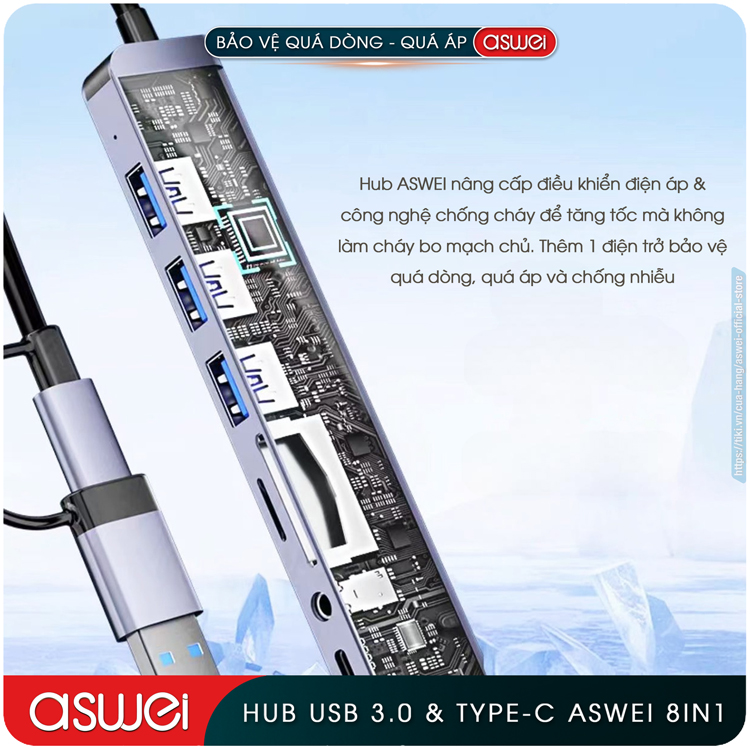 Hub Chuyển Đổi USB Type C ASWEI 8 in 1 To USB 3.0, SD, TF, USB C, Audio 3.5mm - Hàng Chính Hãng