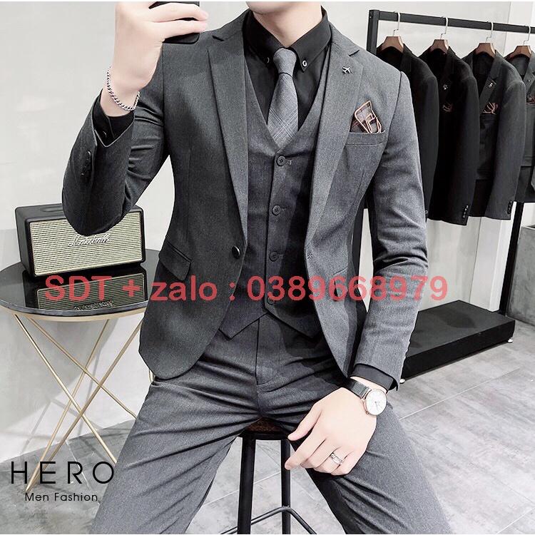 Bộ vest Nam Hàn Quốc màu ghi xám , Bộ suit nam trẻ trung dáng ôm chất vải sịn