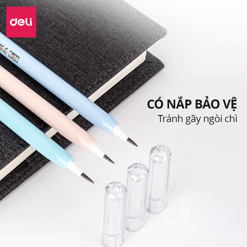 Set 3 bút chì khúc học sinh HB Deli màu pastel ngẫu nhiên có thể thay thế ngòi, an toàn cho trẻ em khi sử dụng