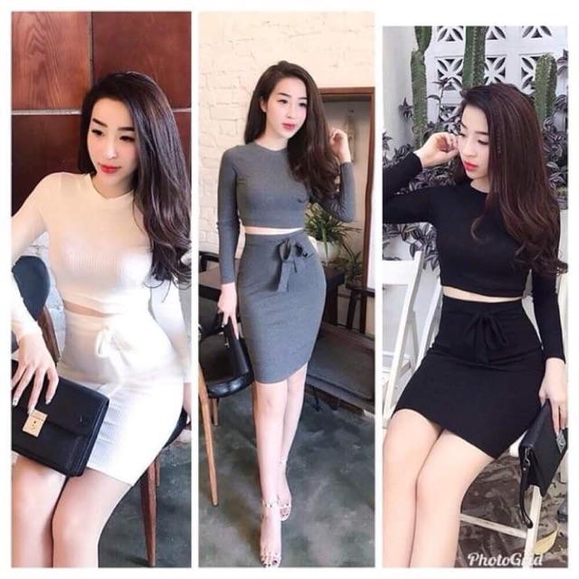 Set Áo Croptop Tay Dài + Chân Váy Bút Chì Phối Nơ