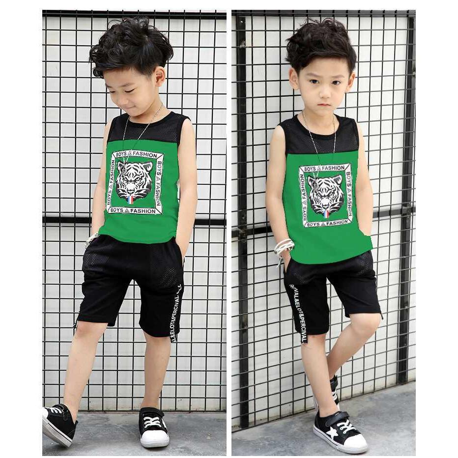 Bộ quần áo bé trai sát nách, phối lưới in cọp, thun cotton thoải mái vận động.