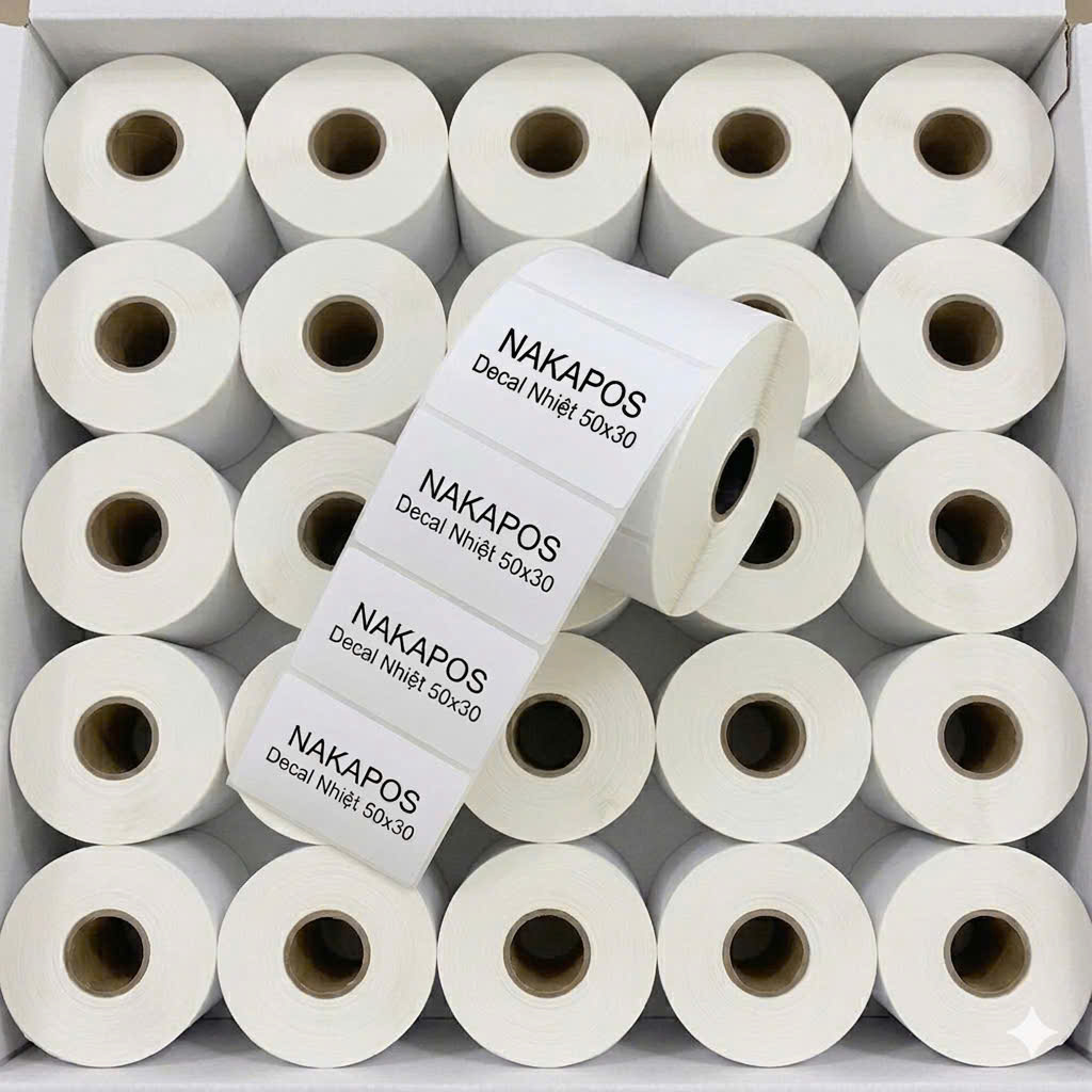 Giấy Decal nhiệt 50x30 mm x 30m, Decal Trà sữa 50x30 mm x 30m, Giấy in mã vạch tem nhãn, tem phụ 50x30 mm x 50m