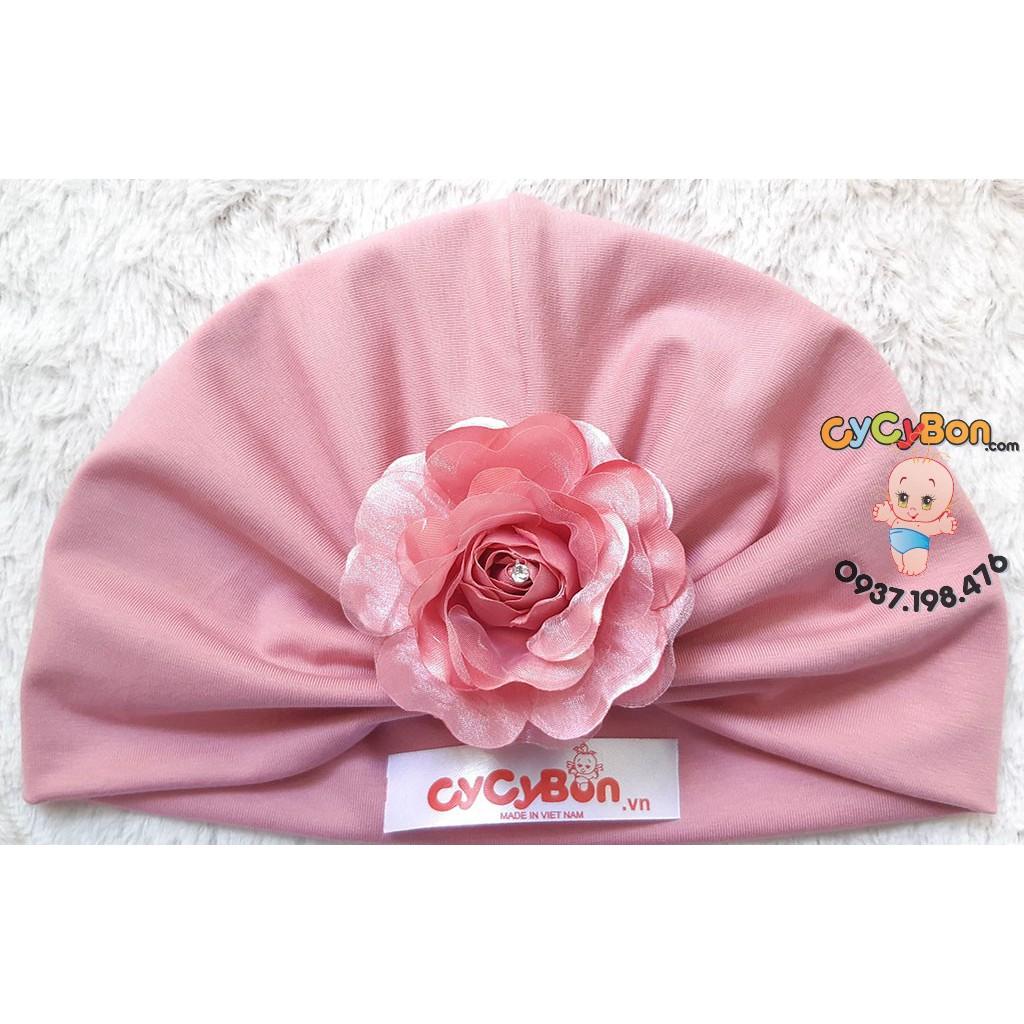 Nón Turban Cho Bé Thun Cotton Hồng Ruốc Đính Bông Nhụy Đá - Có Đủ Size