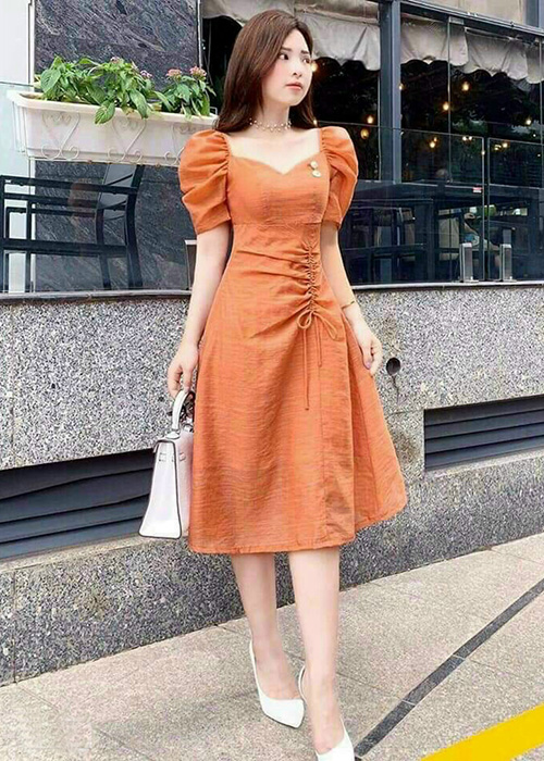 Đầm Xòe Vải Đũi Nhăn Mềm Mịn, Co Giản Rút Dây Cách Điệu Thời Trang