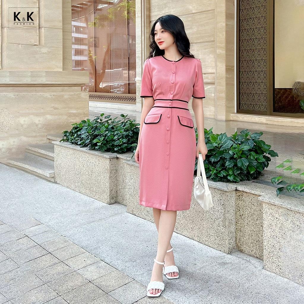 Đầm Công Sở Nữ Viền Đen Phối Nút K&amp;K Fashion KK119-31 Chất Liệu Kalan