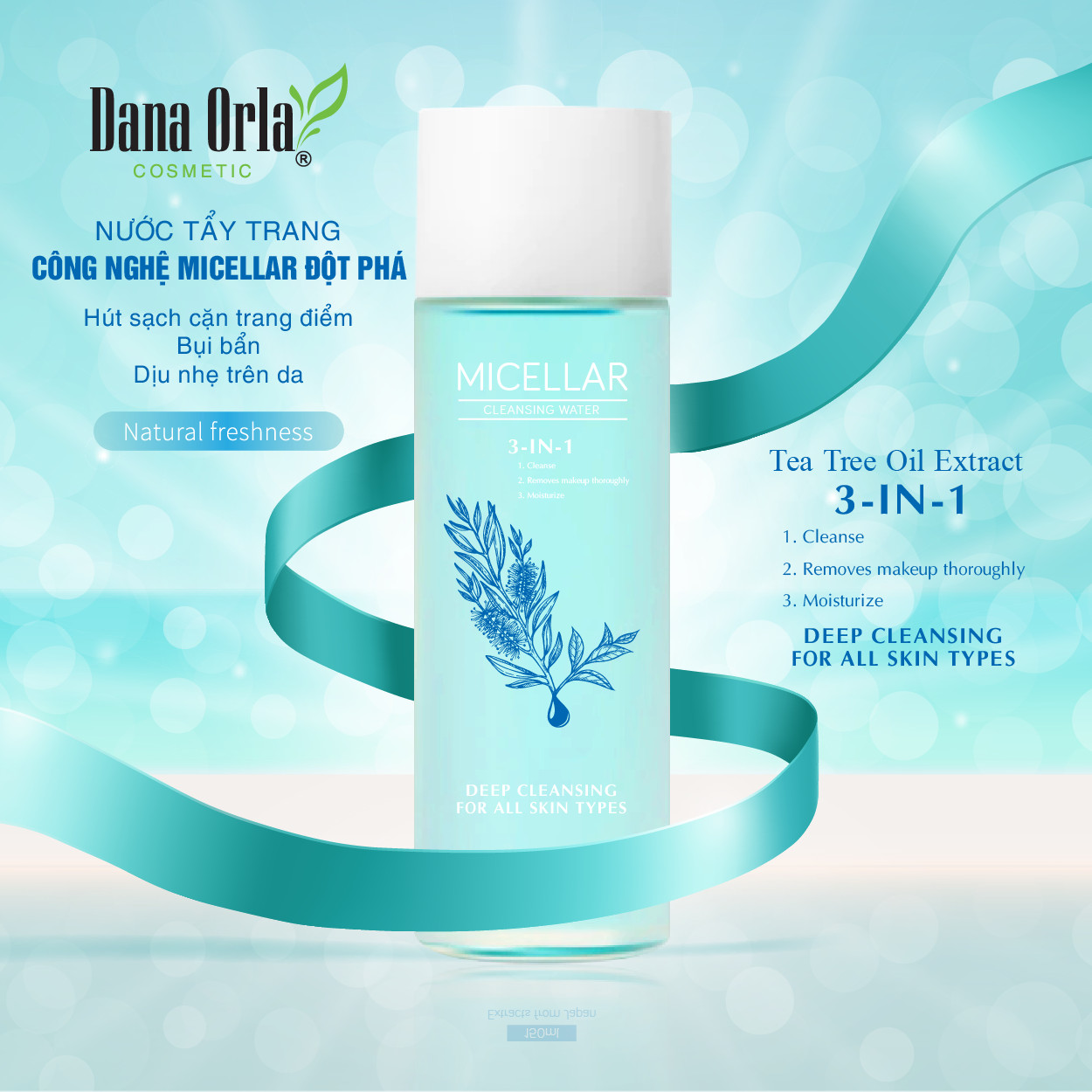 Nước Tẩy Trang dành cho da dầu, mụn và hỗn hợp Dana Orla Micellar 3-in-1, chiết xuất Tinh dầu Tràm Trà