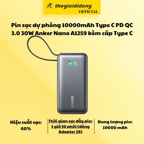 Pin sạc dự phòng 10000mAh Type C PD QC 3.0 30W Anker Nano A1259 kèm cáp Type C - Hàng Chính Hãng