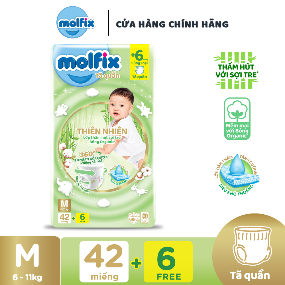 Tã/bỉm quần Molfix Thiên nhiên Jumbo M (6kg - 11kg) - Gói 42+6 miếng