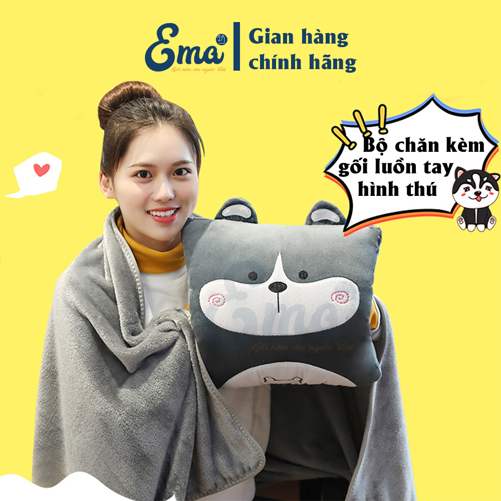 Bộ chăn gối văn phòng 3 trong 1 hình thú dễ thương EMA kèm gối luồn tay giữ nhiệt - Tựa lưng - Ngủ trưa - Gối ôm