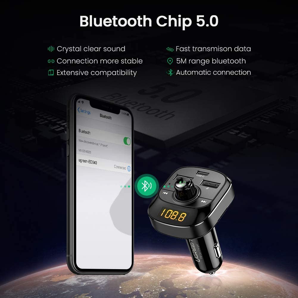 Sạc ô tô đa năng UGREEN ED040 70717 có thể phát FM, Bluetooth 5.0, sạc nhanh PD, cổng USB 2.0, đọc thẻ TF, có đèn LED - Hàng chính hãng