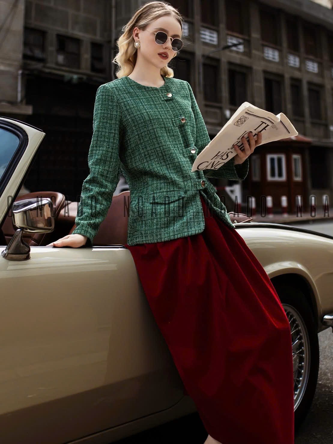 Set áo tweed xanh chân váy đỏ đô NGADO , set áo váy Nữ , set dự tiệc