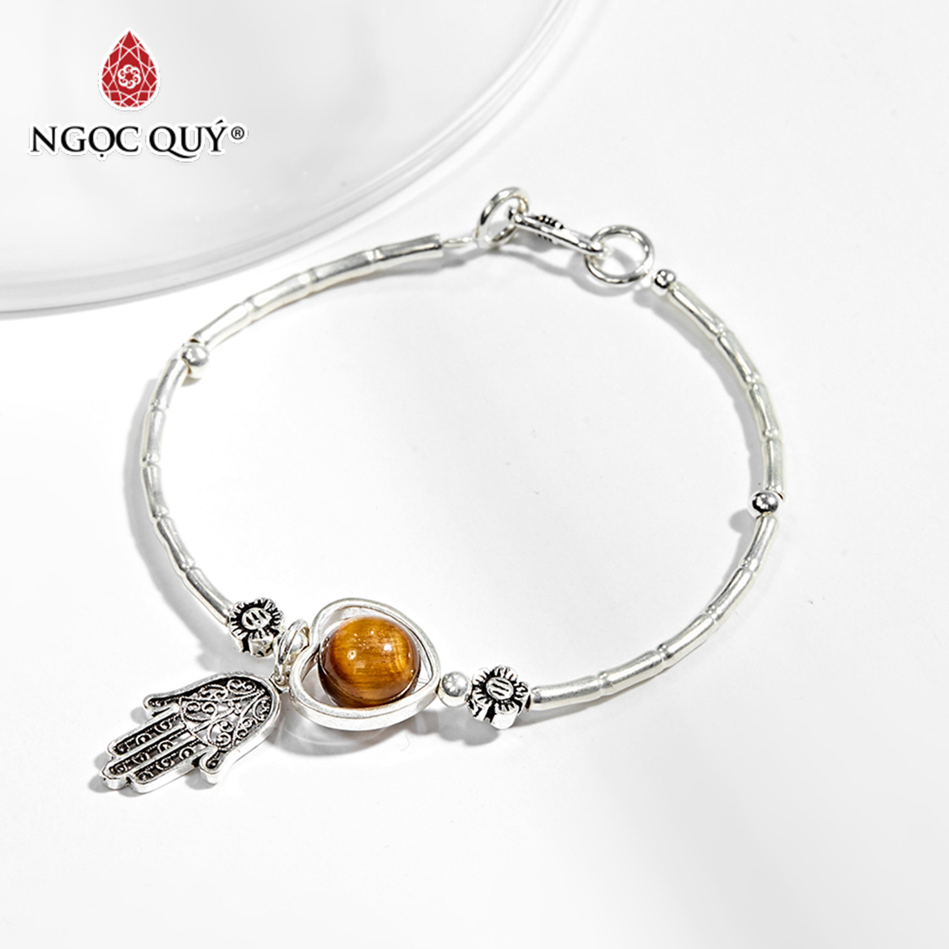 Vòng tay 1 hạt đá thiên nhiên phối charm bàn tay hamsa bạc - Ngọc Quý Gemstones