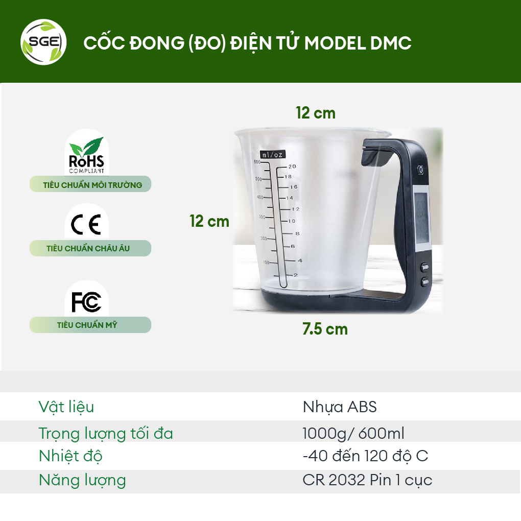 Cốc Đong Điện Tử Model DMC - Dụng Cụ Tiện Lợi Khi Nấu Ăn, Làm Bánh, Sử Dụng Đơn Giản. Nhập Khẩu Chính Hãng Thái Lan