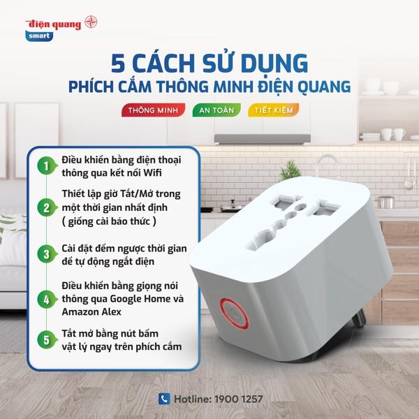 Phích Cắm Thông Minh Điện Quang - Tắt/mở từ xa bằng wifi, giọng nói, hẹn giờ tự động. Công suất 2000W. BH 12 tháng