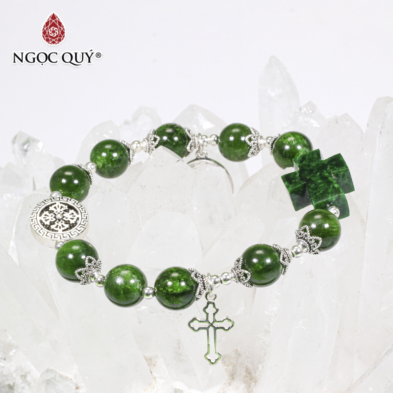 Vòng tay mân côi đá diopside phối thánh giá cẩm thạch sơn thủy charm bạc mệnh hỏa, mộc - Ngọc Quý Gemstones