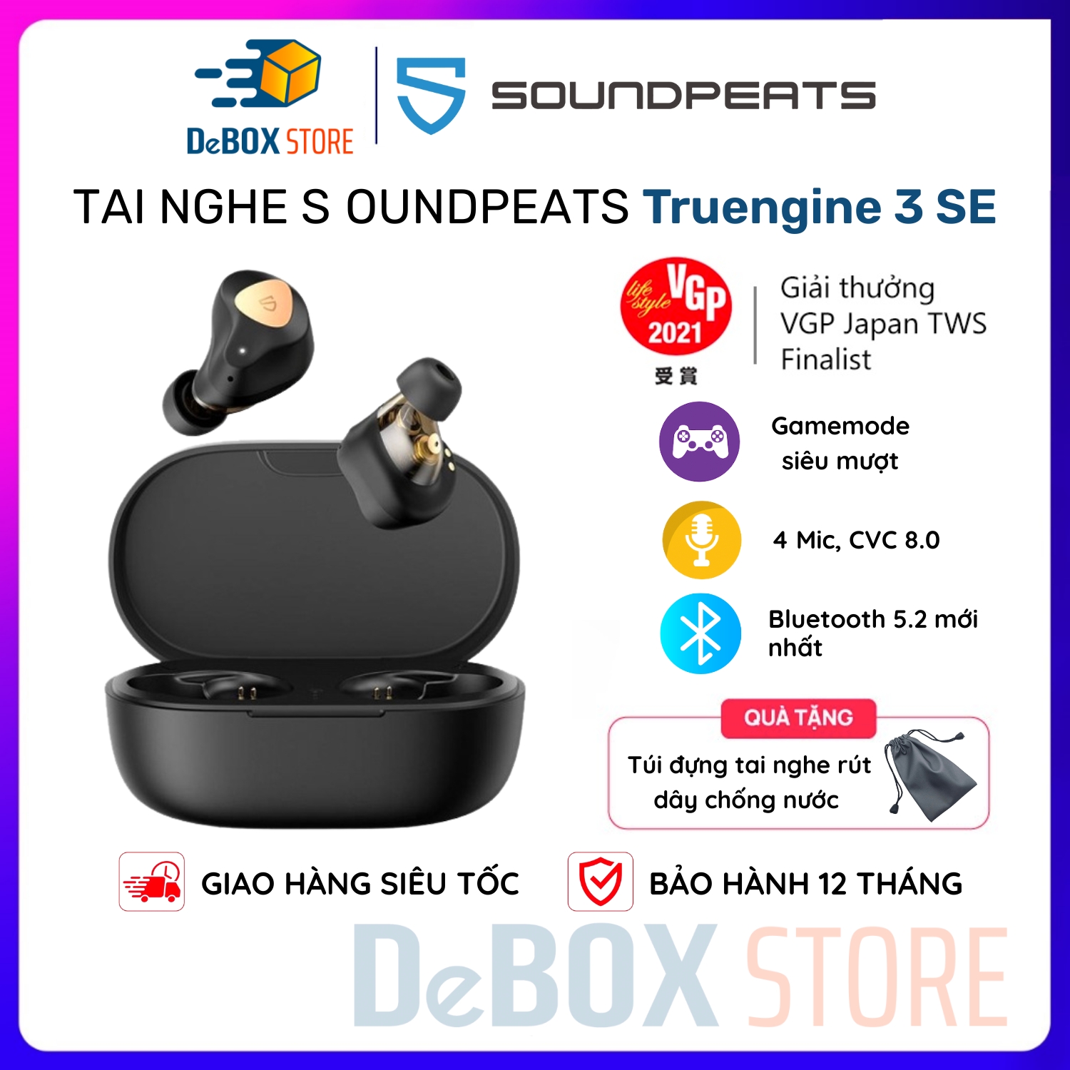 Tai nghe True Wireless SoundPEATS Truengine 3 SE Newversion Bluetooth 5.2, Micro kép &amp; Chống ồn CVC 8.0 - Hàng Chính Hãng