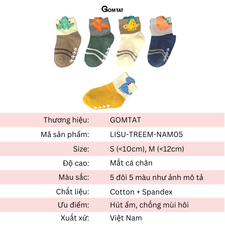 Set 5 Đôi Tất Cho Bé Trai Có Đệm Cao Su Chống Tuột Gót, Vớ Trẻ Em Mềm Mịn Hình Khủng Long Dễ Thương - LISU-TREEM-NAM05