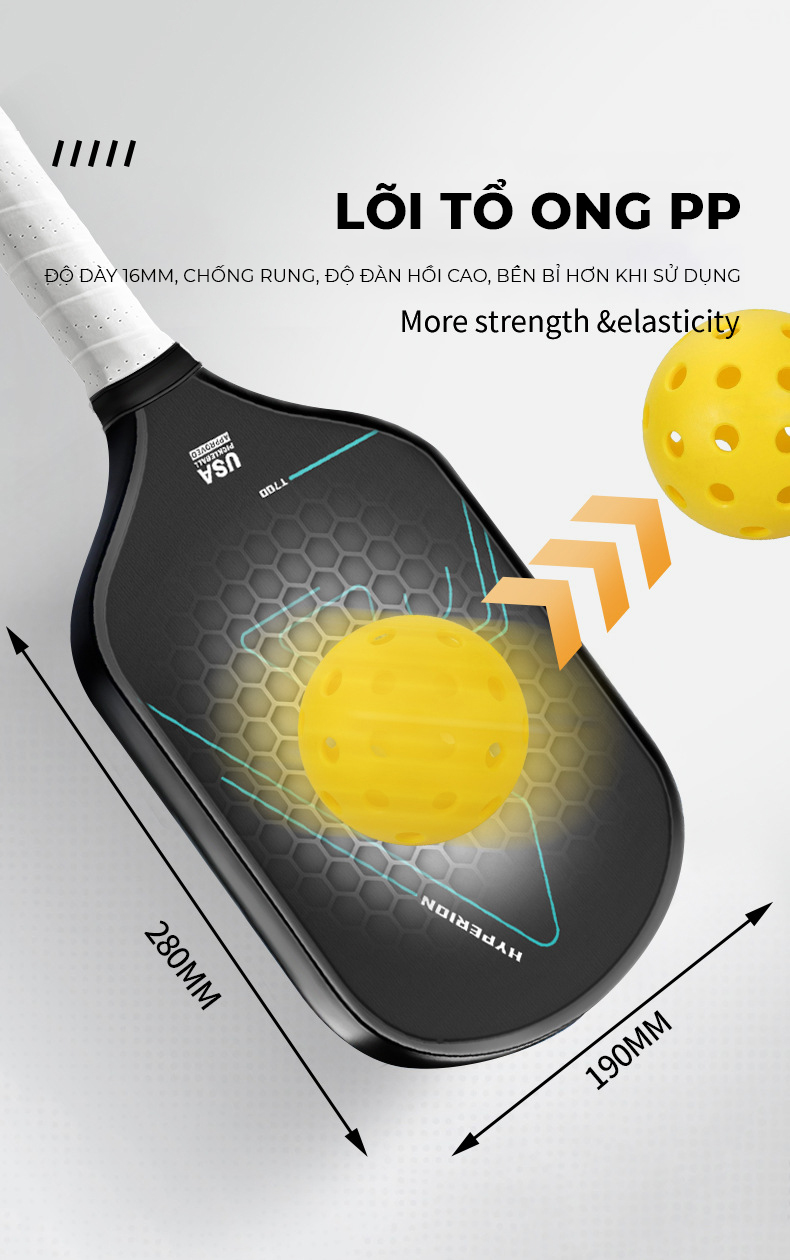 Vợt Pickleball Carbon T700 Pro mặt vợt phủ cacbon, khối lượng siêu nhẹ mặt nhám bám bóng 16mm - PK07