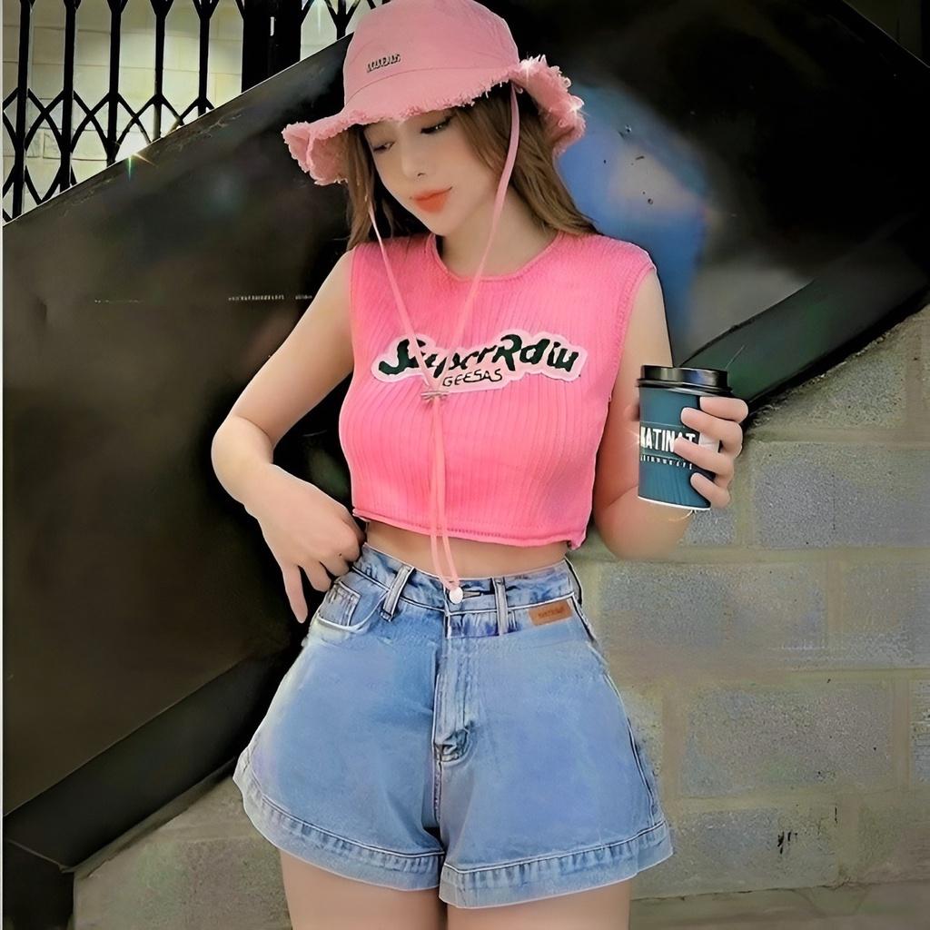 Áo len nữ Montoghi dệt kim Quảng Châu MÙA HÈ dáng croptop thêu chữ nổi xinh xắn