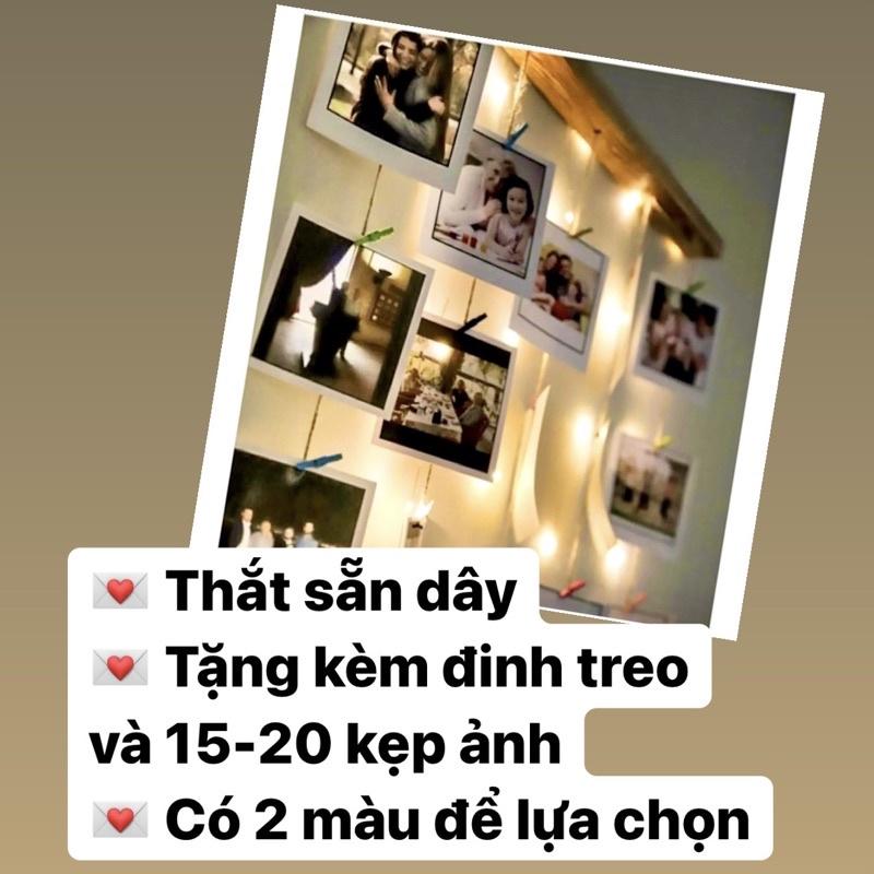 Khung ảnh treo tường vintage, khung ảnh treo tường gỗ thông tự nhiên kèm đèn led dây đèn đom đóm 3 mét dùng pin