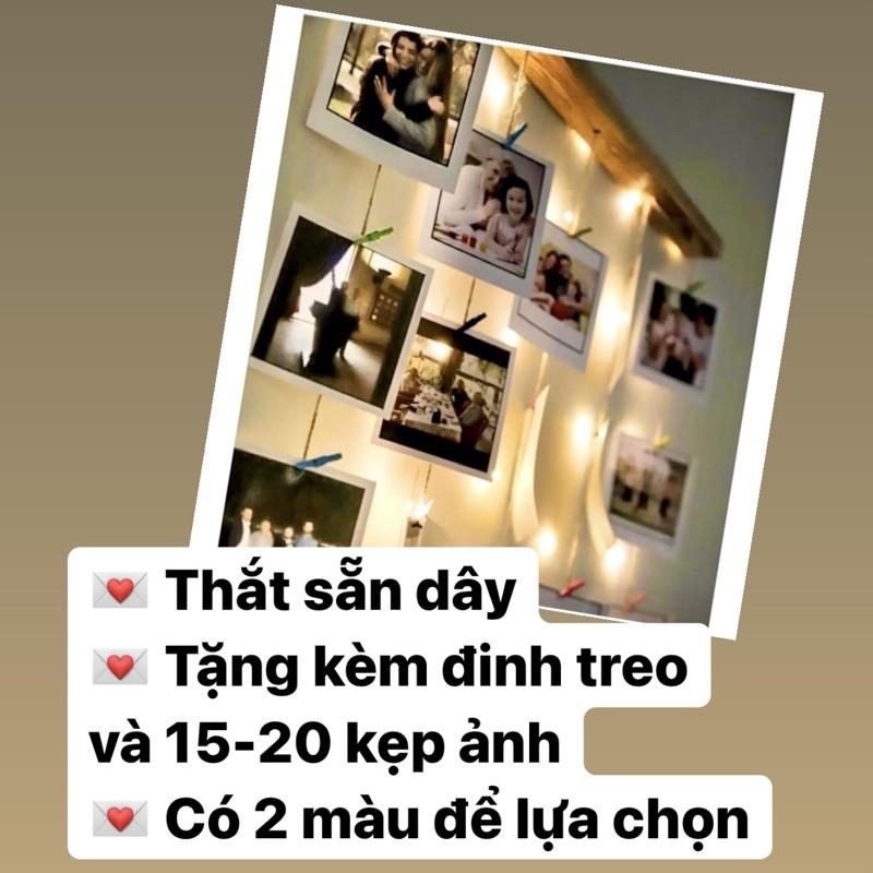 Khung ảnh treo tường vintage, khung ảnh treo tường gỗ thông tự nhiên kèm đèn led dây đèn đom đóm 3 mét dùng pin