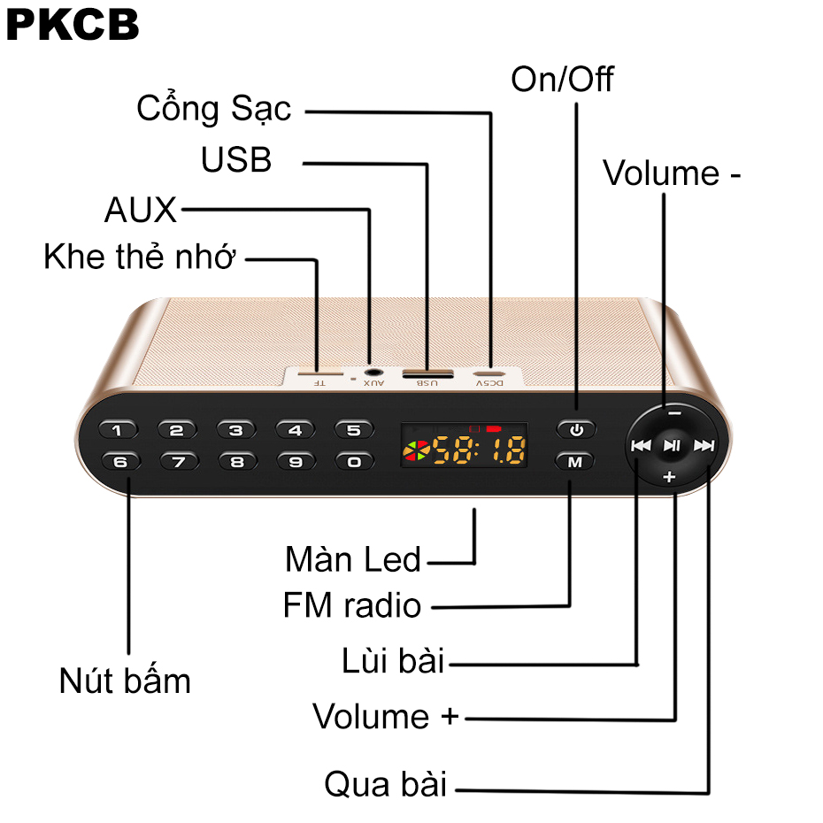 Loa Bluetooth Màn Hình Led Hiện Đại Âm Thanh Cực Hay PKCB161 GOLD - Hàng Chính Hãng