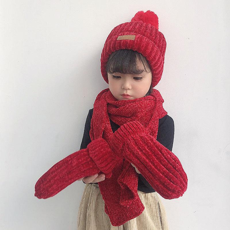 3 Mảnh Dệt Kim Nón Khăn Găng Tay Bộ Trẻ Em Nón PomPon Thu Đông Ấm Mitten Bé Trai Nắp Bò Thời Trang Bộ trẻ Em Mũ Lưỡi Trai