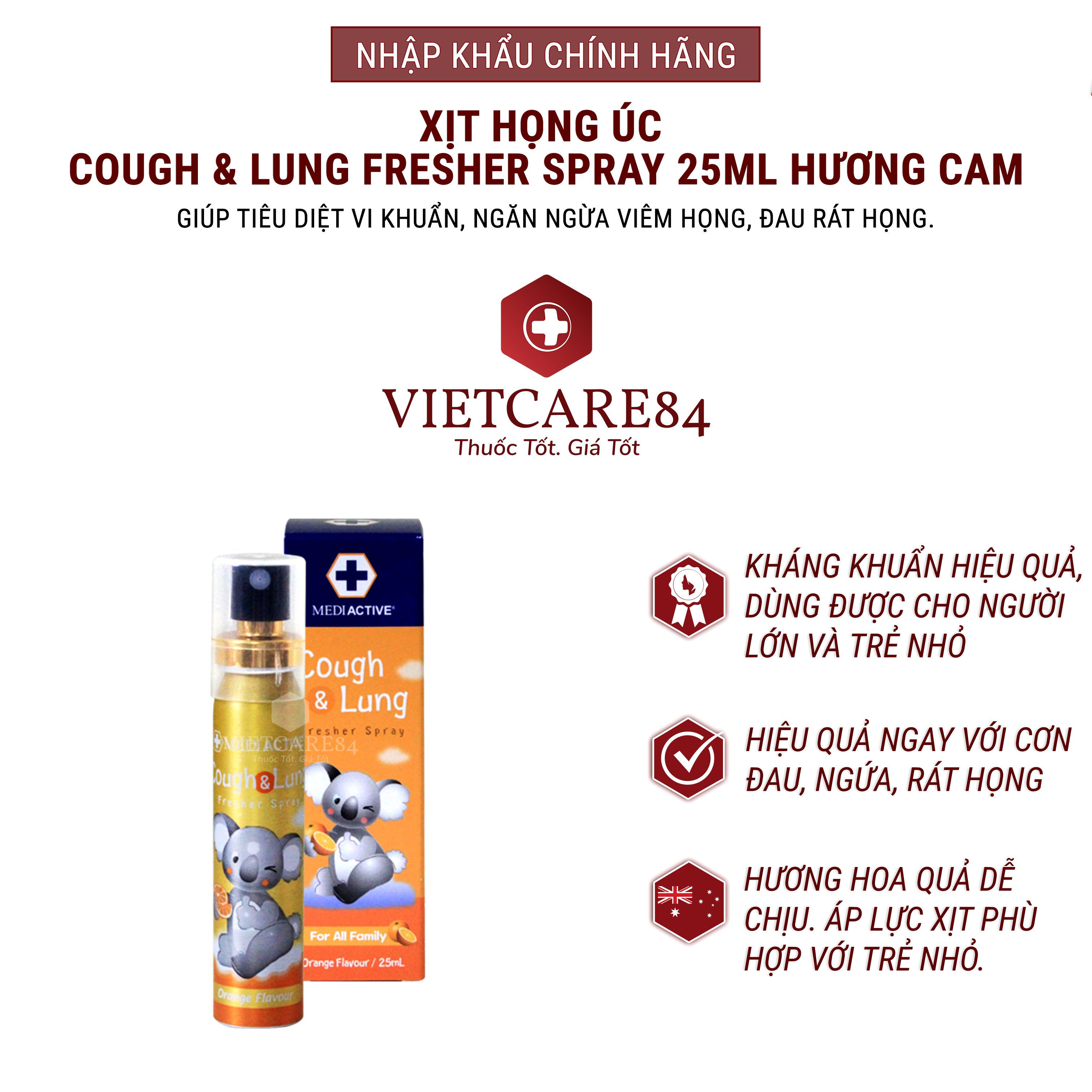 Keo ong xịt họng nhập khẩu chính hãng Úc COUGH & LUNG FRESHER SPRAY  giúp làm sạch khoang miệng, giảm mùi hôi mang lại hơi thở thơm mát. Giúp ngăn ngừa vi khuẩn, ngăn ngừa viêm họng, đau rát họng