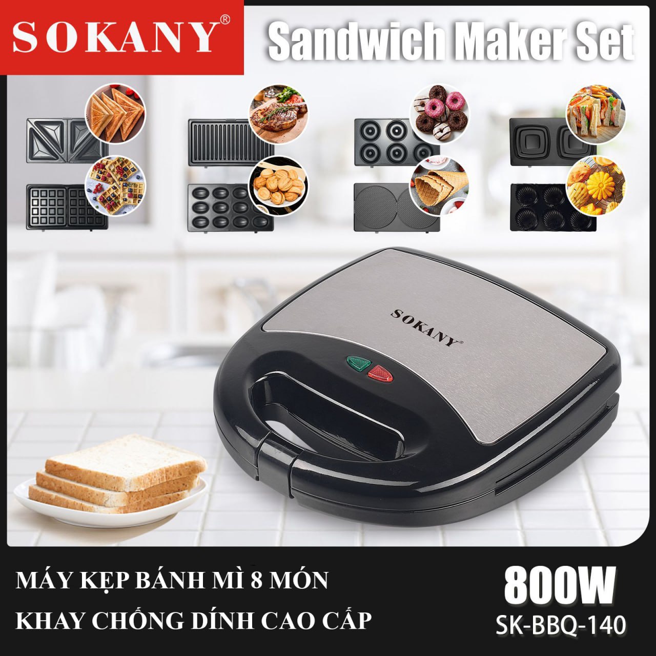 Máy nướng bánh mì, máy kẹp bánh mì sandwich đa năng SOKANY công suất 800W - HÀNG CHÍNH HÃNG - DELIYA