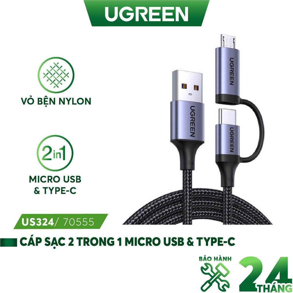 Cáp sạc 2 trong 1 UGREEN US324 - Type C và Micro USB - Vỏ bện nylon, sạc nhanh ổn định - Hàng nhập khẩu chính hãng