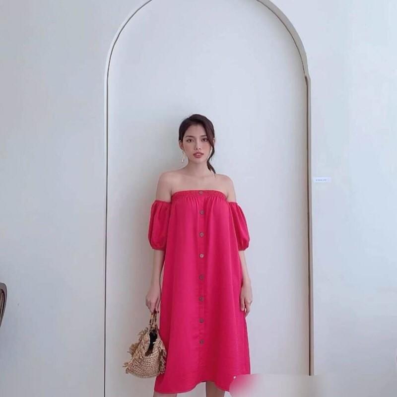 Đầm suông trễ vai tay phồng có 2 màu