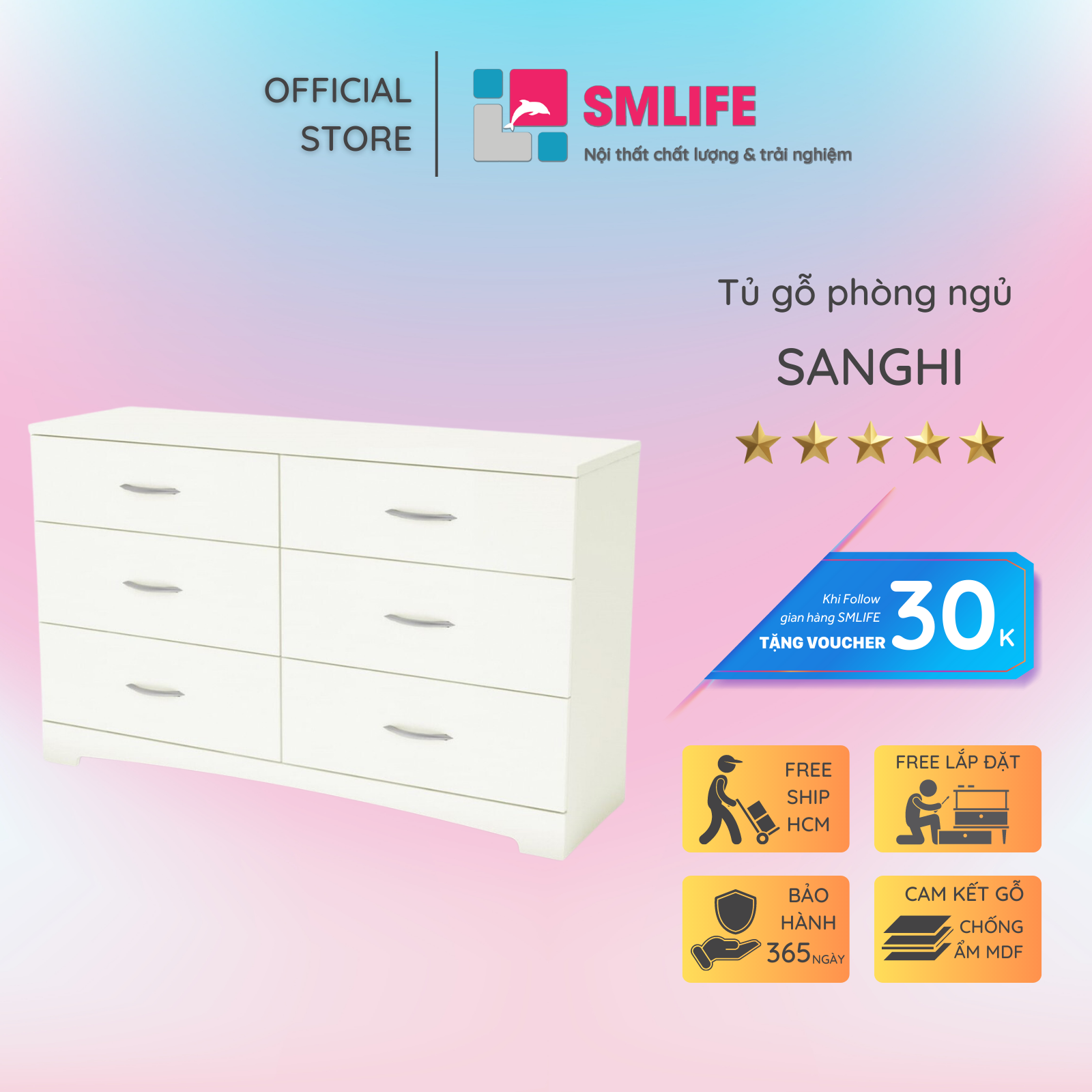 Tủ phòng ngủ gỗ hiện đại SMLIFE Sanghi | Gỗ MDF dày 17mm chống ẩm | D120xR48xC70cm