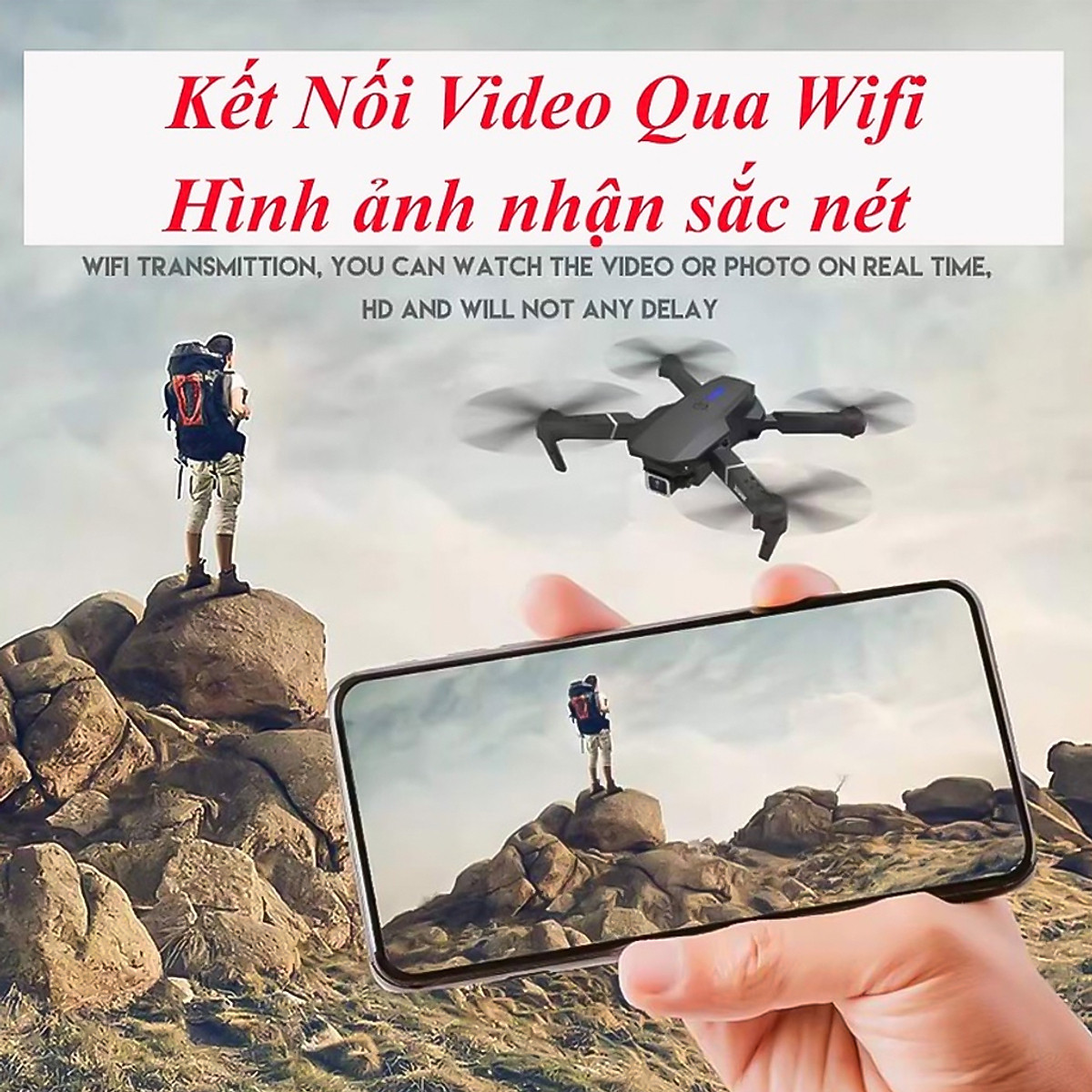Máy bay Flycam mini 4k giá rẻ Drone E88 Pro 2 camera kép kết nối WIFI 2.4GHZ, ĐỘ PHÂN GIẢI 4K, Bay cao 100m, nhào lộn 360 độ thích làm đồ chơi cho bé Tặng túi đựng chống sốc - Hàng chính hãng