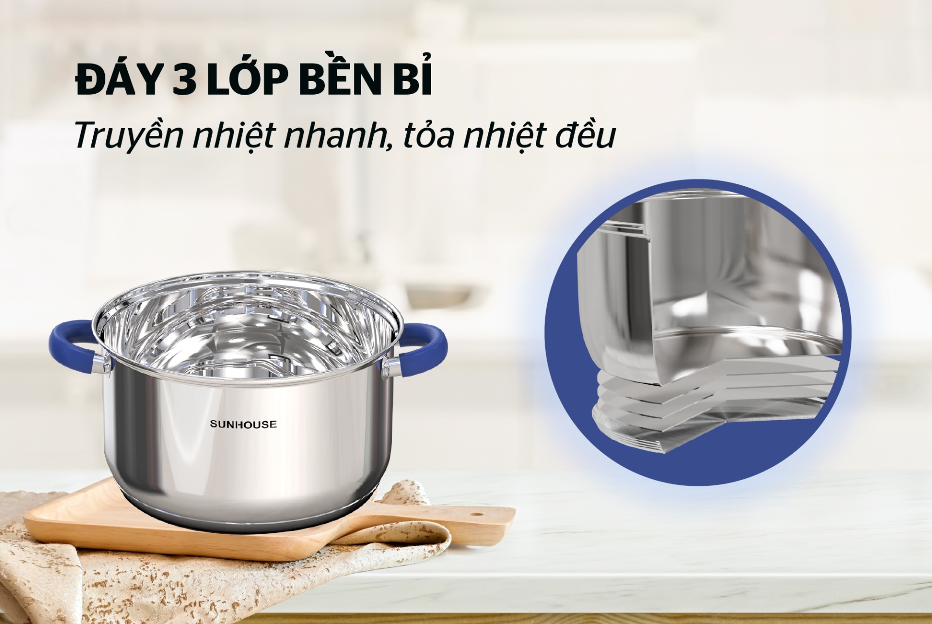 Bộ nồi inox 3 đáy Sunhouse SHG361, Chất liệu inox sáng bóng an toàn cho sức khỏe, Vung kính cường lực siêu bền, Tay cầm và núm vung bọc silicon chịu nhiệt, chống bỏng, an toàn, Sử dụng trên mọi loại bếp - Hàng chính hãng