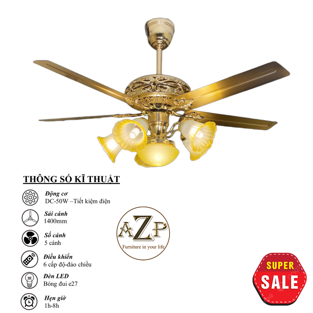 Siêu Sales QUẠT TRẦN AZP- 5 CÁNH KIM LOẠI, CÔNG XUẤT 50W, CÓ REMOTE- Hàng Nhập Khẩu